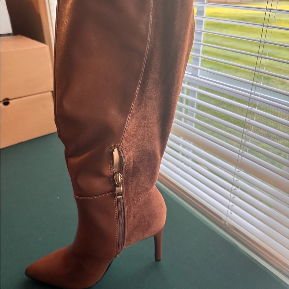 Brown Over the Knee Boots with High Heel and Suede Finish